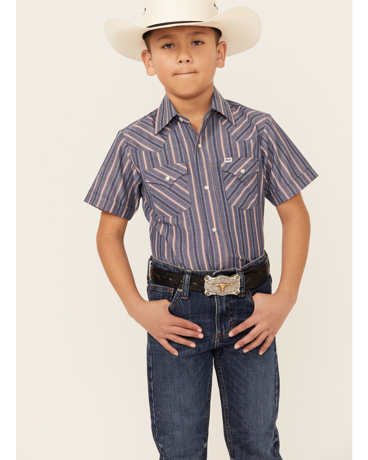 Ely Walker Boys' Dobby Striped Short Sleeve Pearl Snap Western Shirt