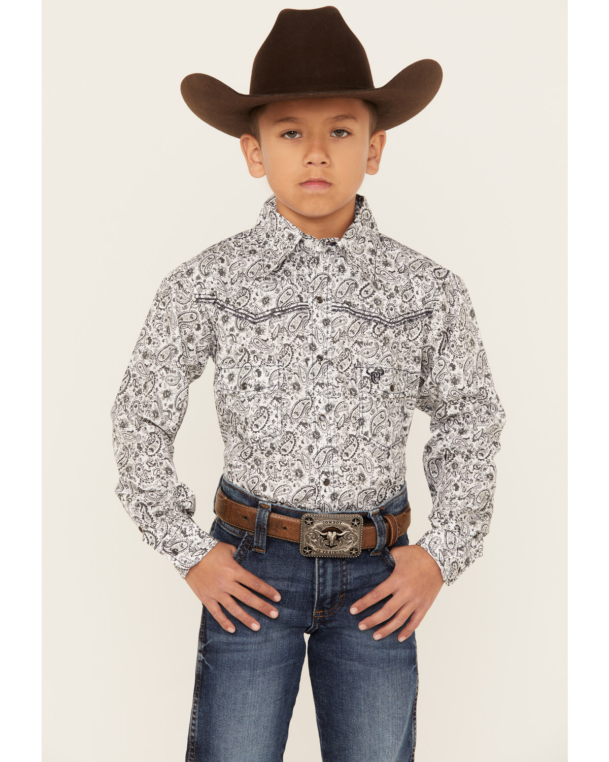 Cowboy Hardware Boys' Range Floral Print Long Sleeve Pearl Snap Western Shirt