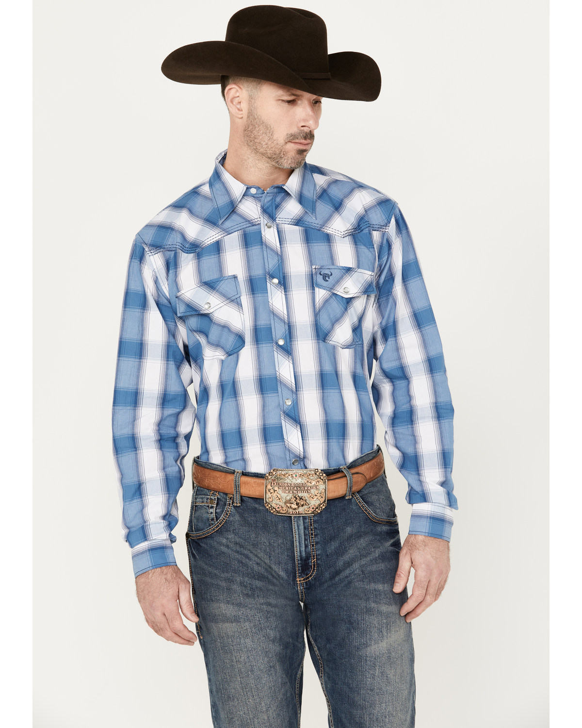 Cowboy Hardware Men's Hombre Plaid Print Long Sleeve Pearl Snap Western Shirt