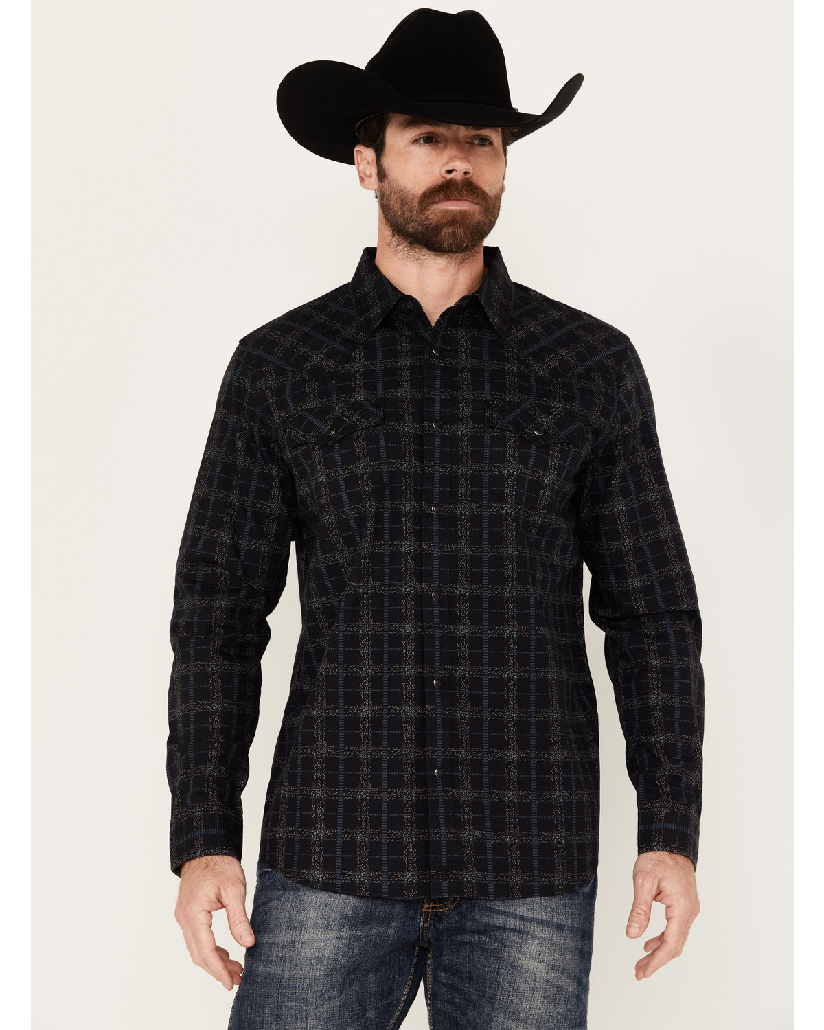 Moonshine Spirit Men's Shooting Star Plaid Print Long Sleeve Snap Western Shirt