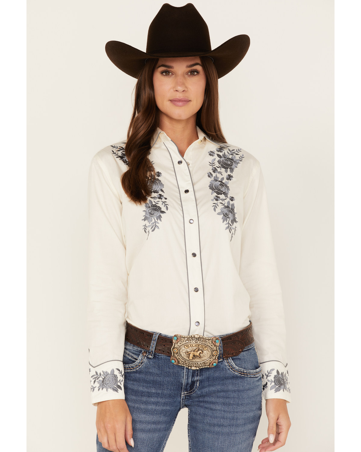 Rockmount Ranchwear Women's Cascading Embroidered Floral Print Long Sleeve Western Shirt
