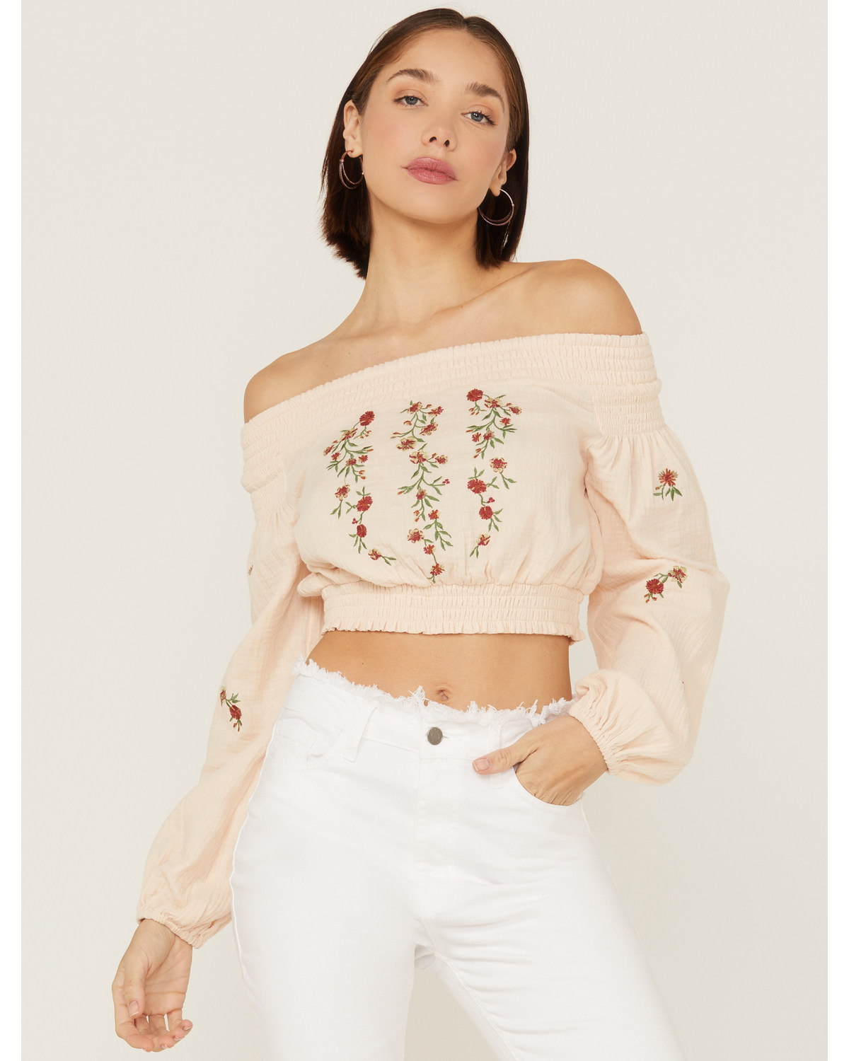 Shyanne Women's Floral Embroidered Off Shoulder Taupe Long Sleeve Crop Top