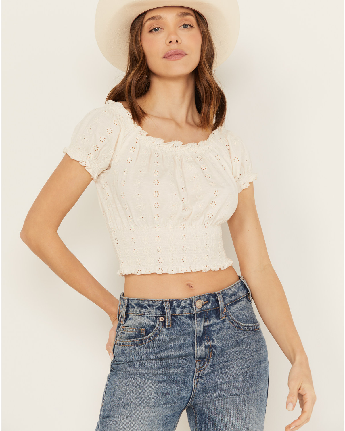 Cleo + Wolf Women's Knit Eyelet Smocked Crop Top