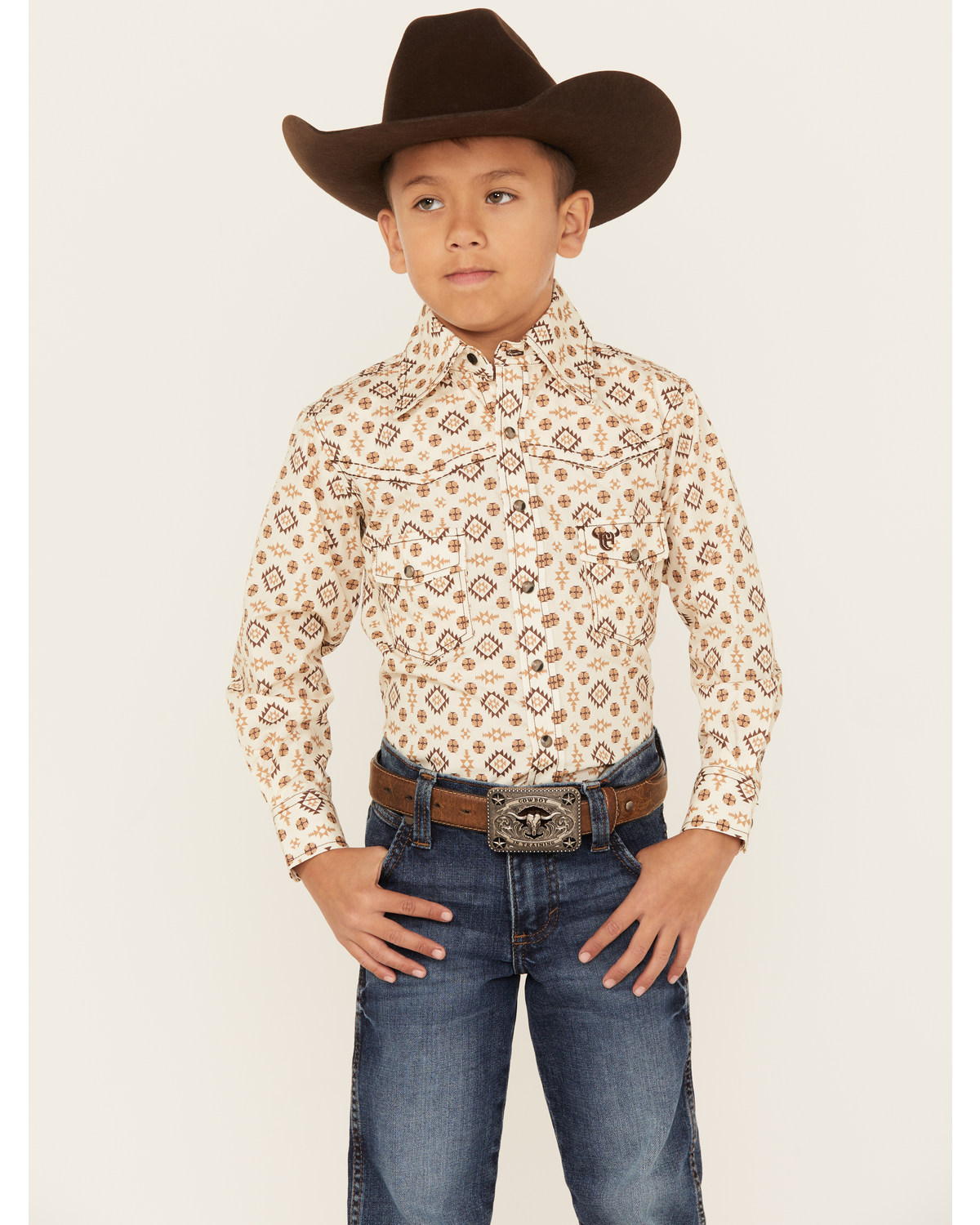 Cowboy Hardware Boys' Distressed Southwestern Print Long Sleeve Snap Western Shirt