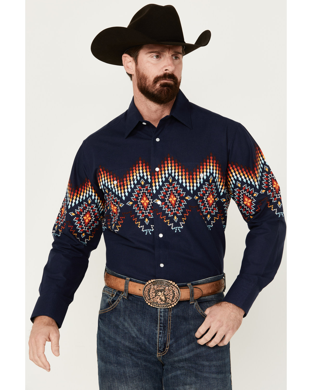 Panhandle Men's Southwestern Border Print Long Sleeve Pearl Snap Western Shirt