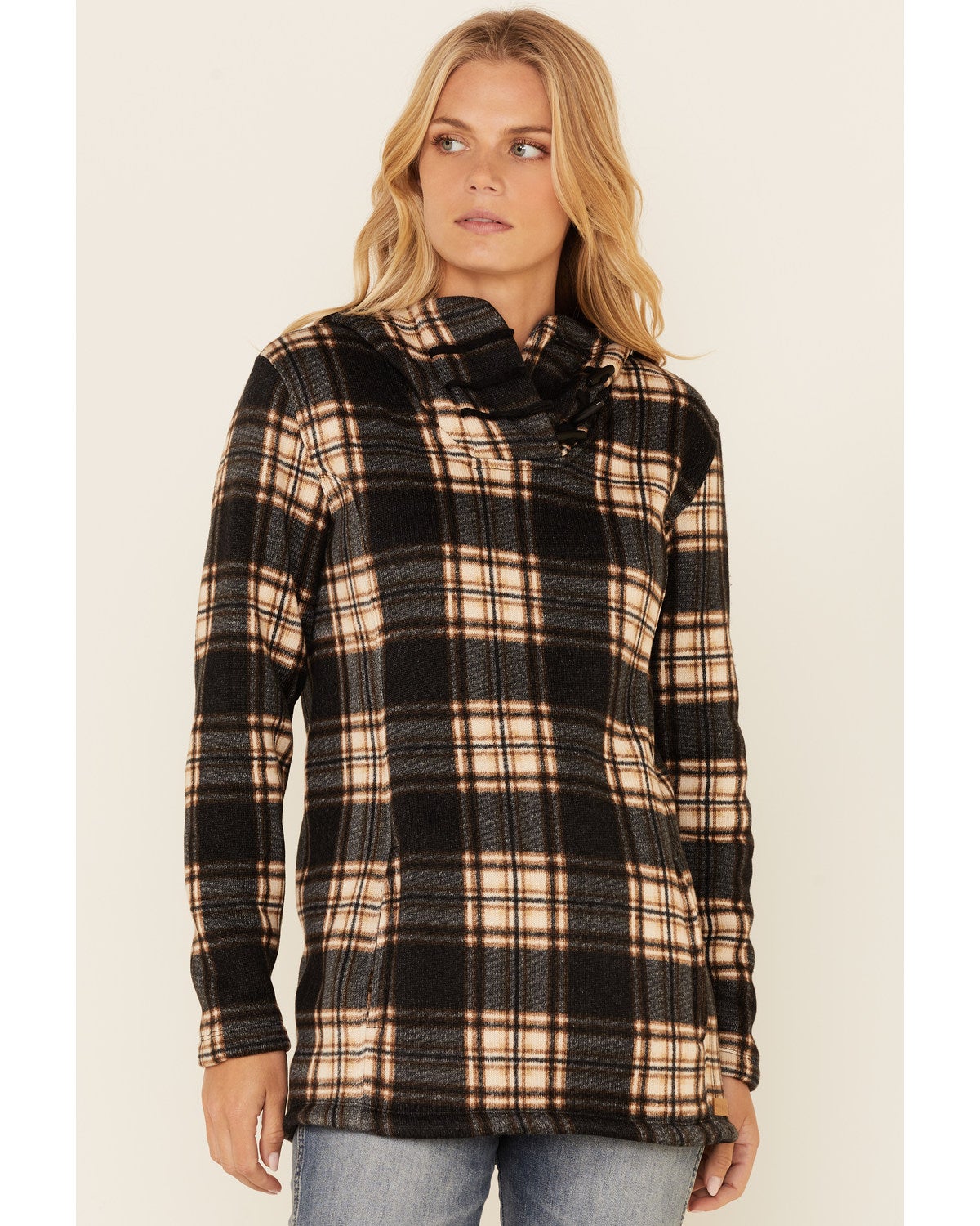 Powder River Outfitters Women's Brown Plaid Cowl Neck Fleece Hoodie