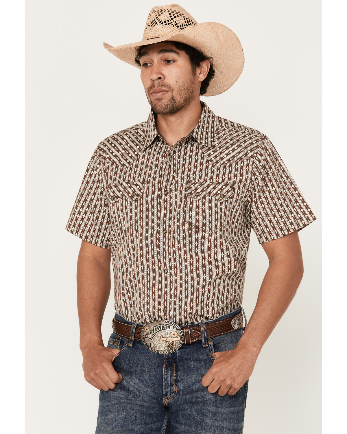 Moonshine Spirit Men's Diamond Striped Short Sleeve Snap Western Shirt