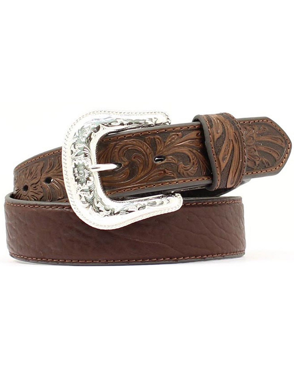 Nocona women's brown floral tooled overlay leather belt Clearance