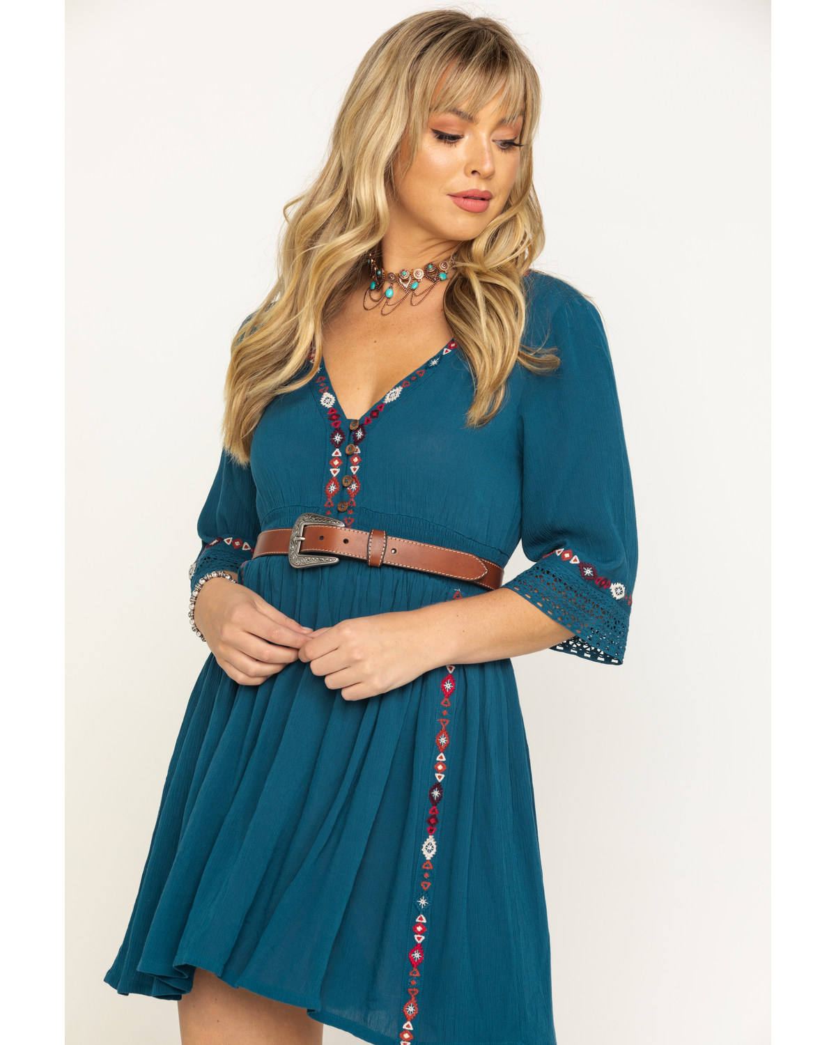 teal embroidered dress