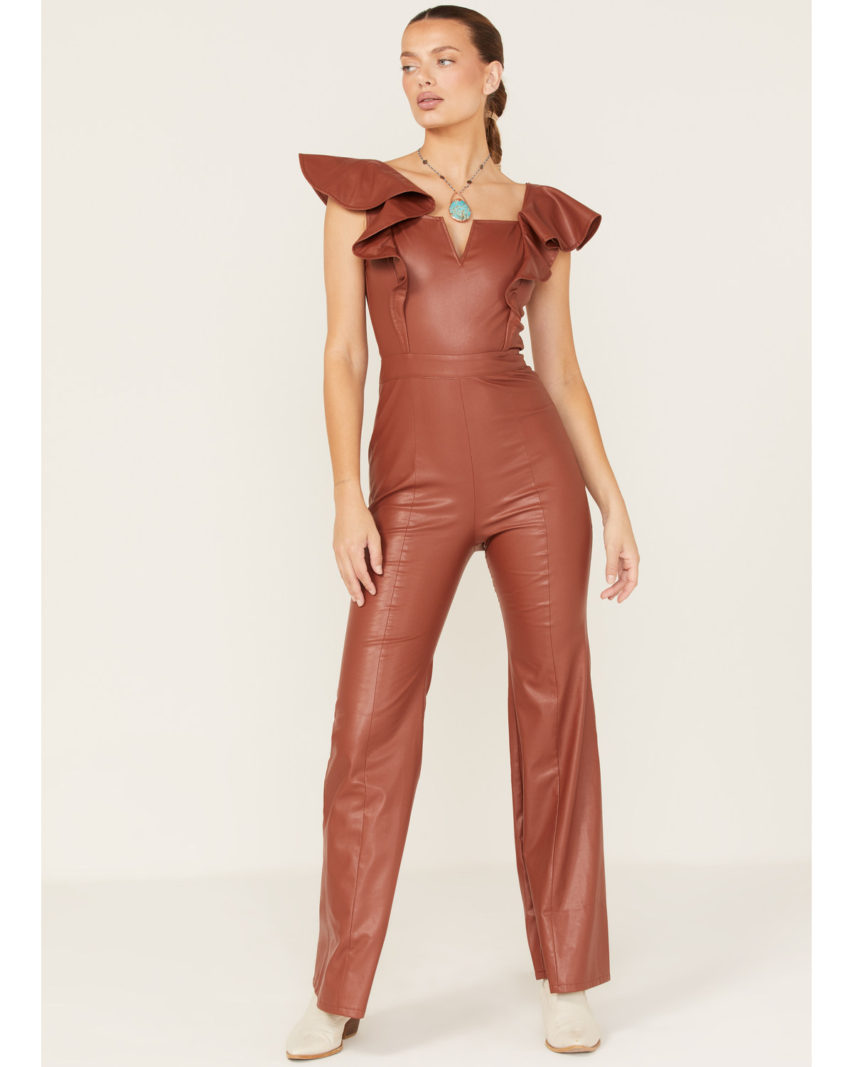 Flying Tomato Women's Faux Leather Flare Jumpsuit