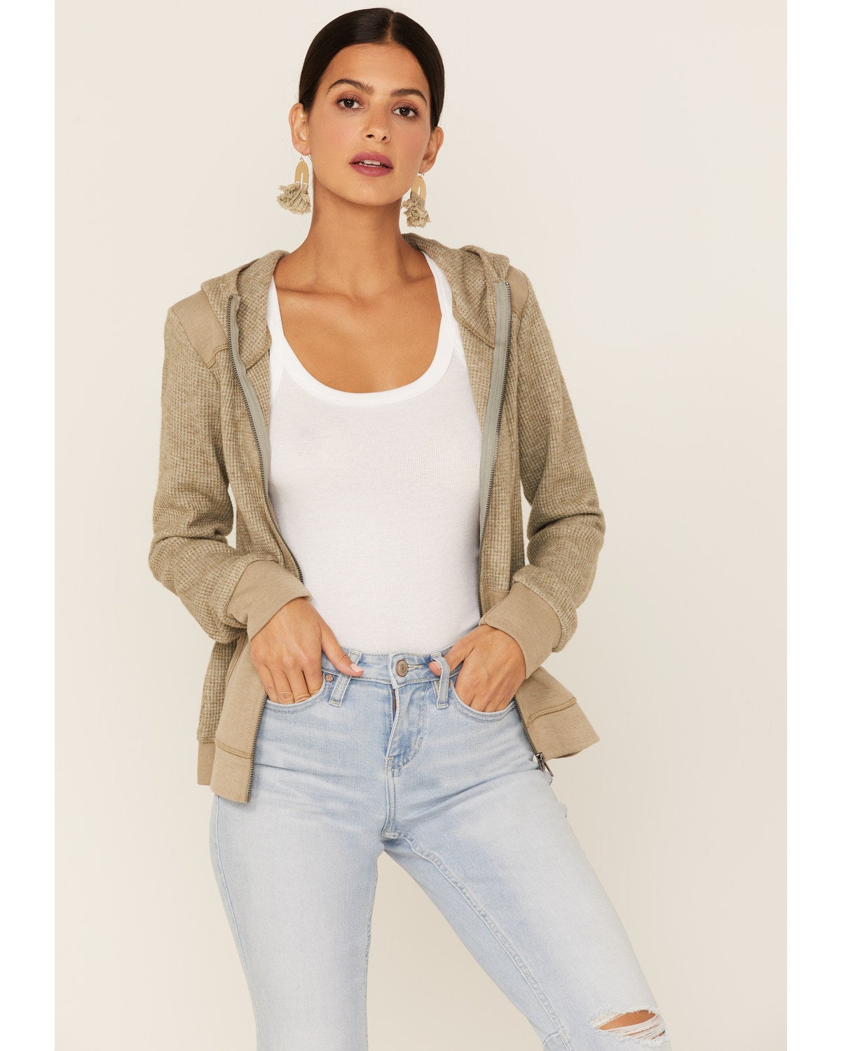 Miss Me Women's Oatmeal Thermal Zip-Up Hoodie