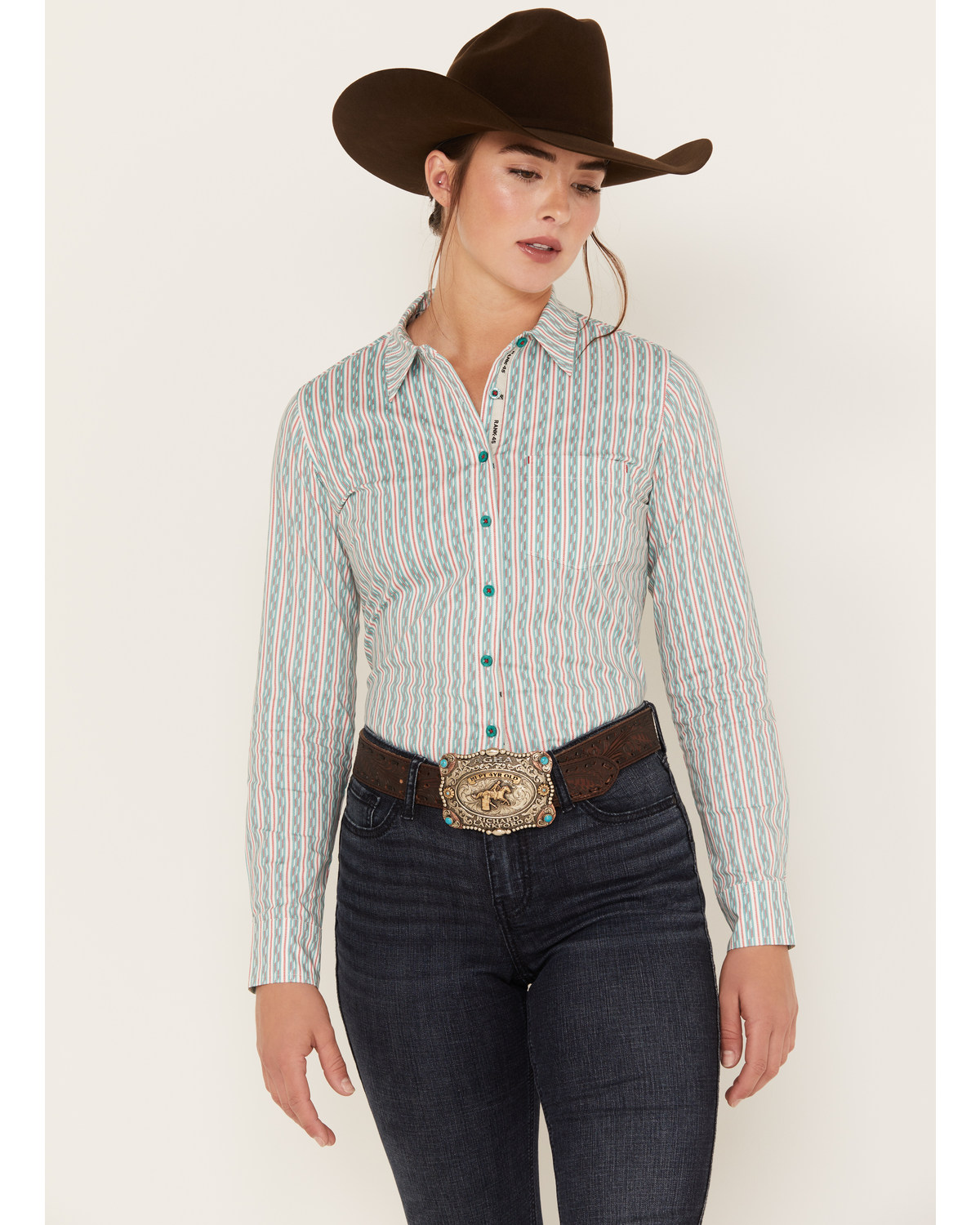 RANK 45® Women's Long Sleeve Button-Down Striped Poplin Western Riding Shirt