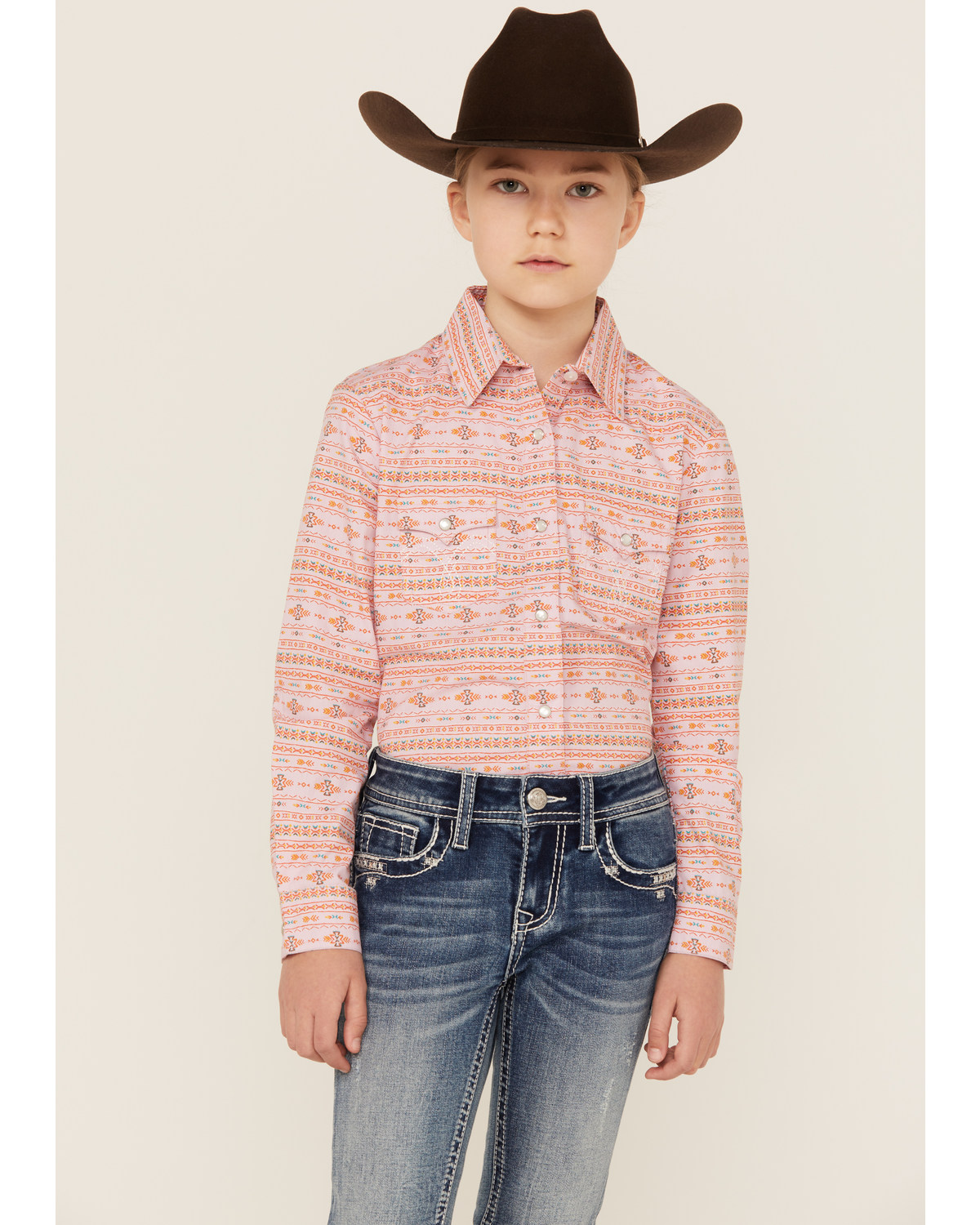 Panhandle Girls' Southwestern Print Long Sleeve Pearl Snap Western Shirt