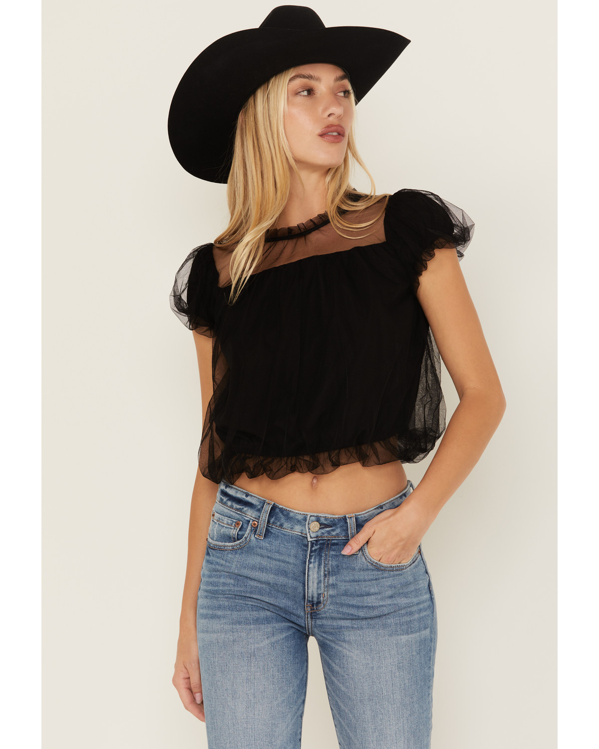 Very J Women's Tulle Short Sleeve Shirt