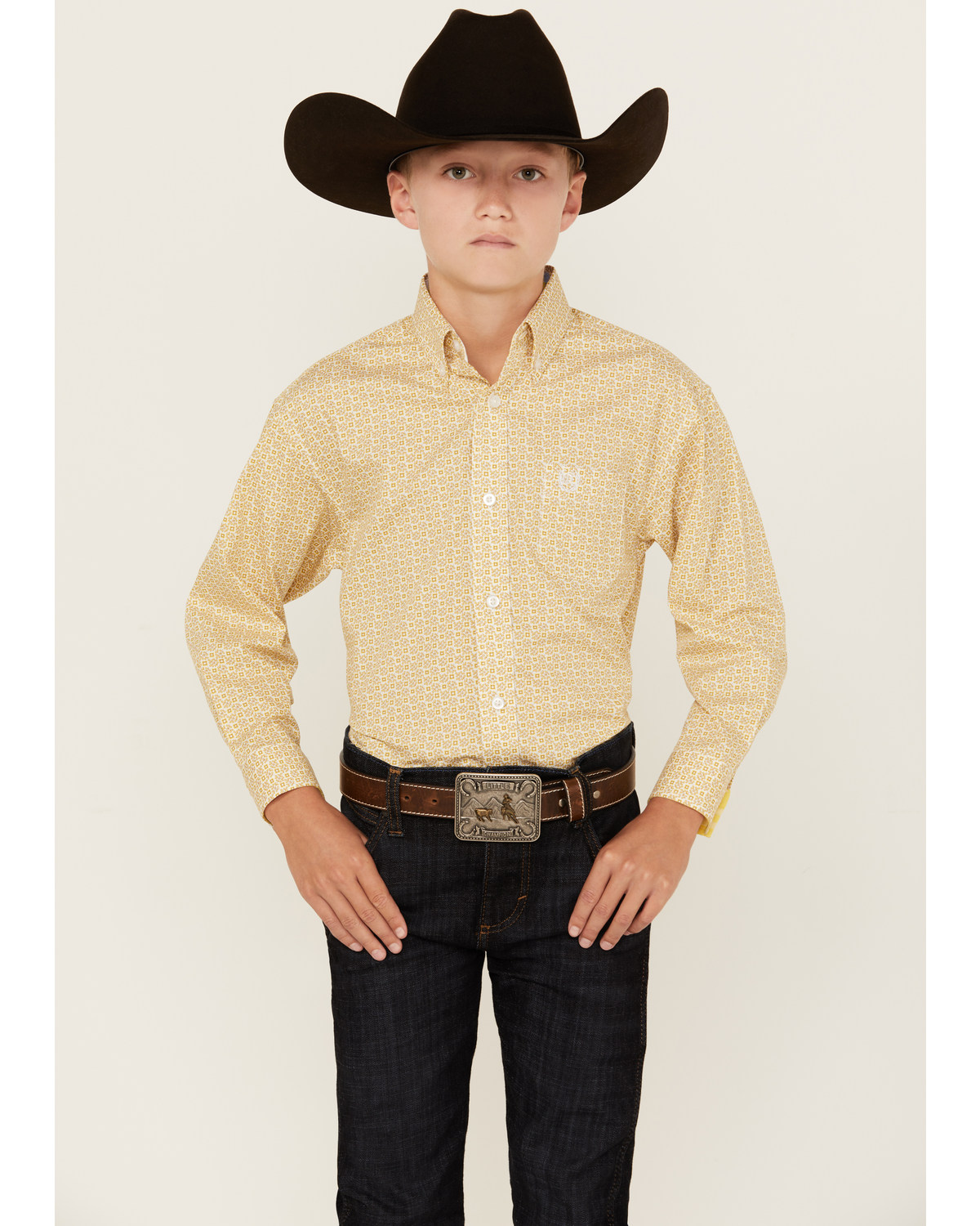Panhandle Select Boys' Geo Print Long Sleeve Button Down Western Shirt