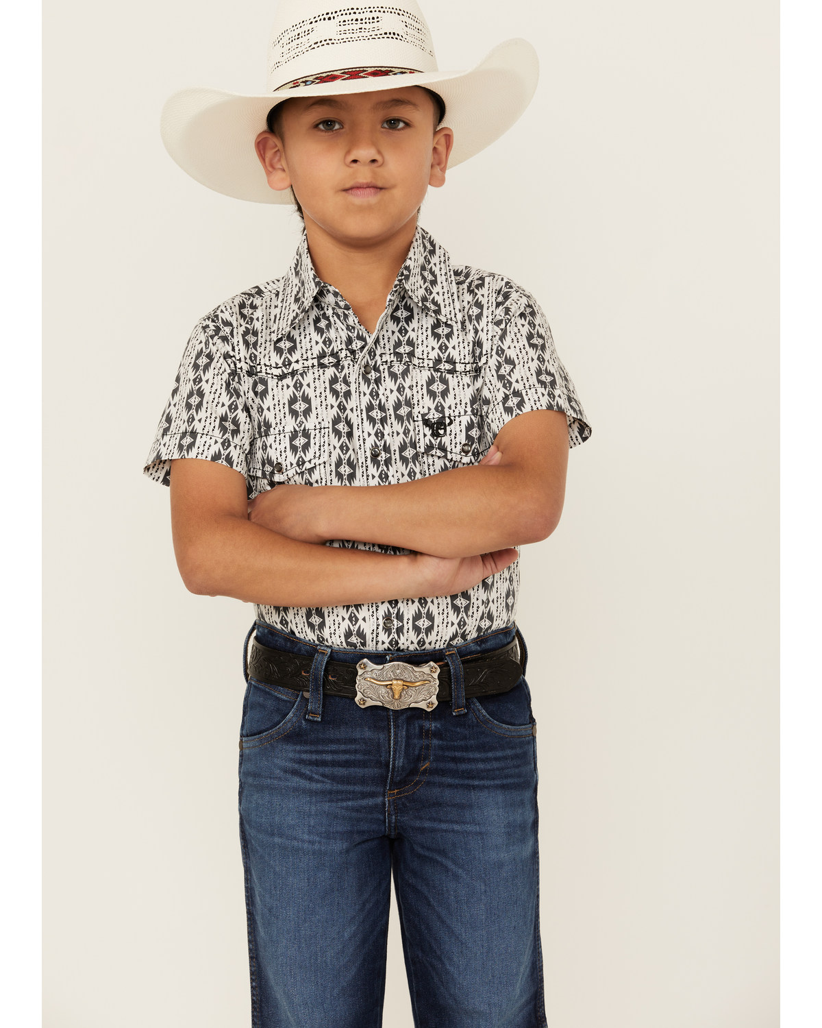 Cowboy Hardware Boys' Southwestern Print Short Sleeve Snap Western Shirt