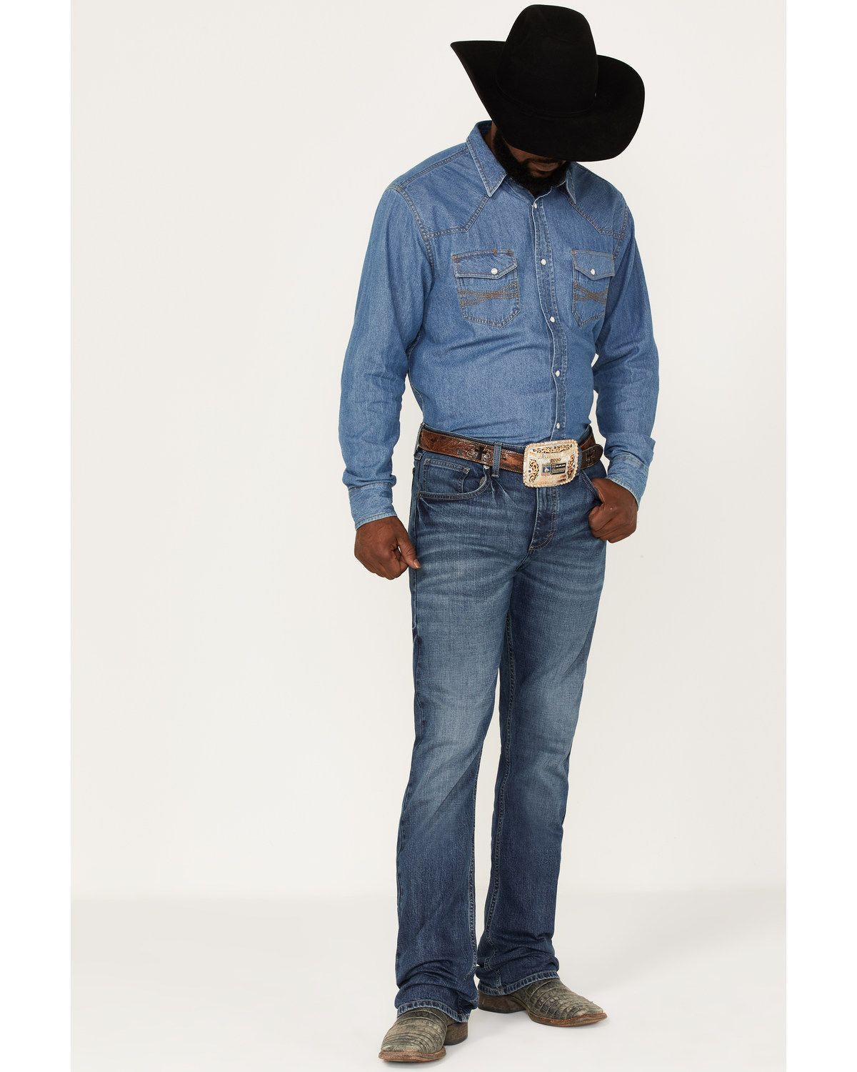 Wrangler 20X Men's 42MWX Cowboy Gardens Medium / Dark Wash Vintage Bootcut Stretch Denim Jeans - Long