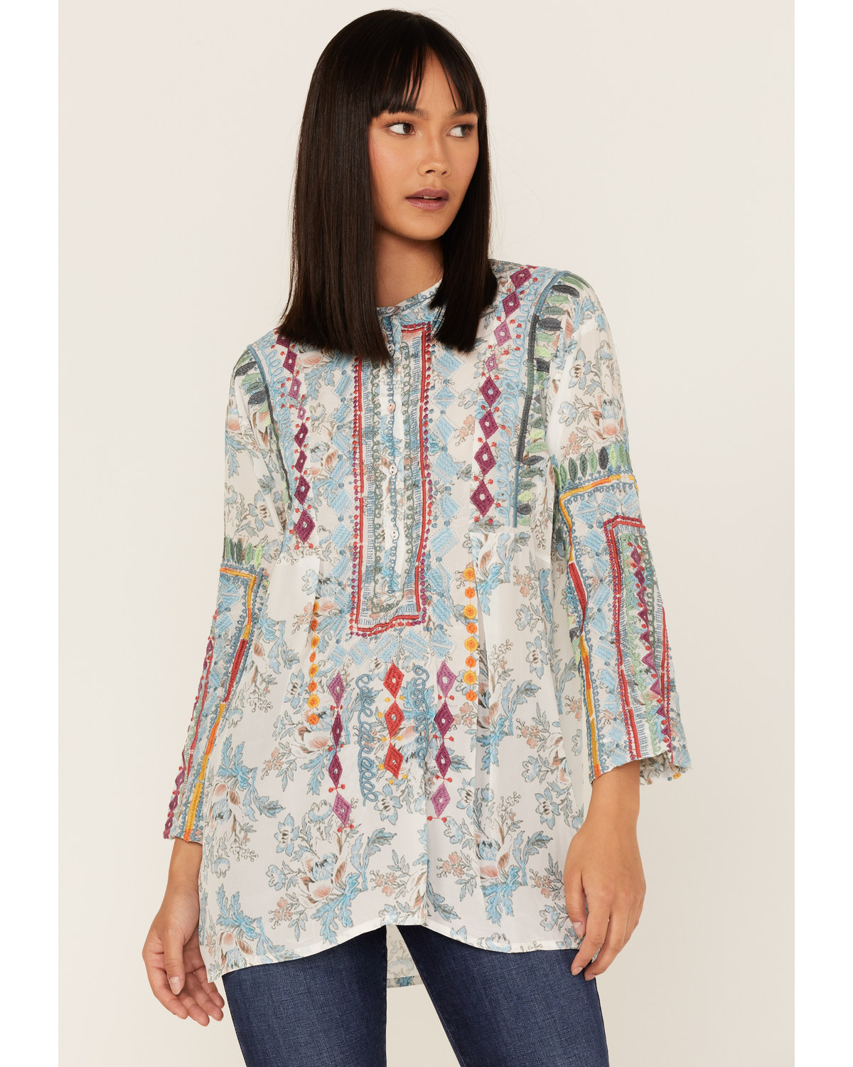 Johnny Was Women's Isla Embroidered Floral Print Tunic Blouse