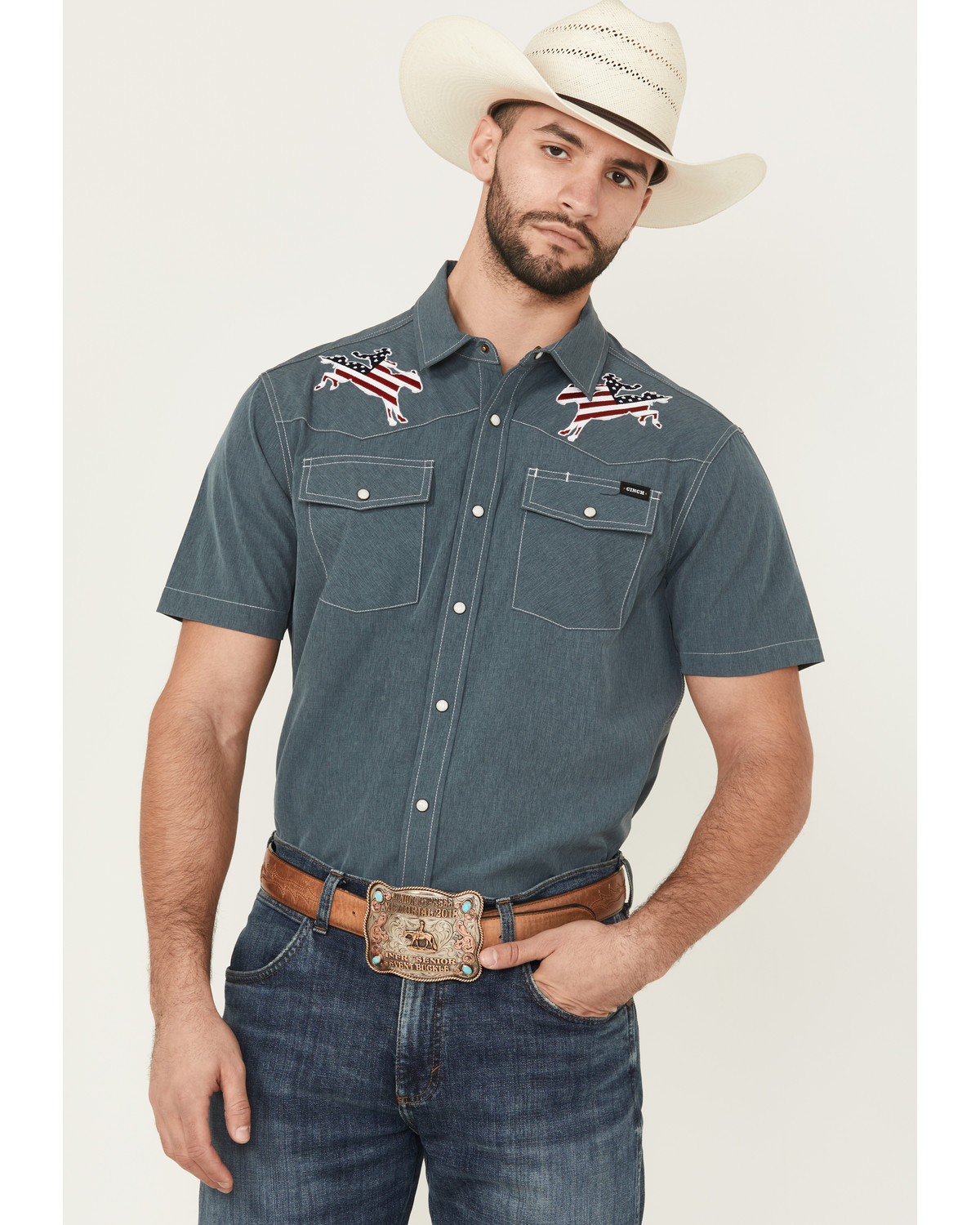 Cinch Men's Embroidered Americana Cowboy Short Sleeve Snap Western Shirt