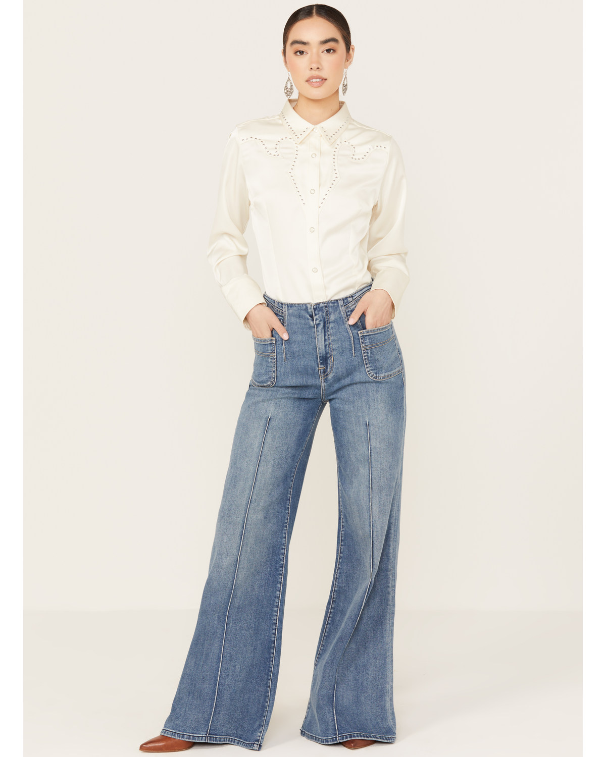 Rock & Roll Denim Women's Medium Wash High Rise Extra Stretch Palazzo Flare Jeans