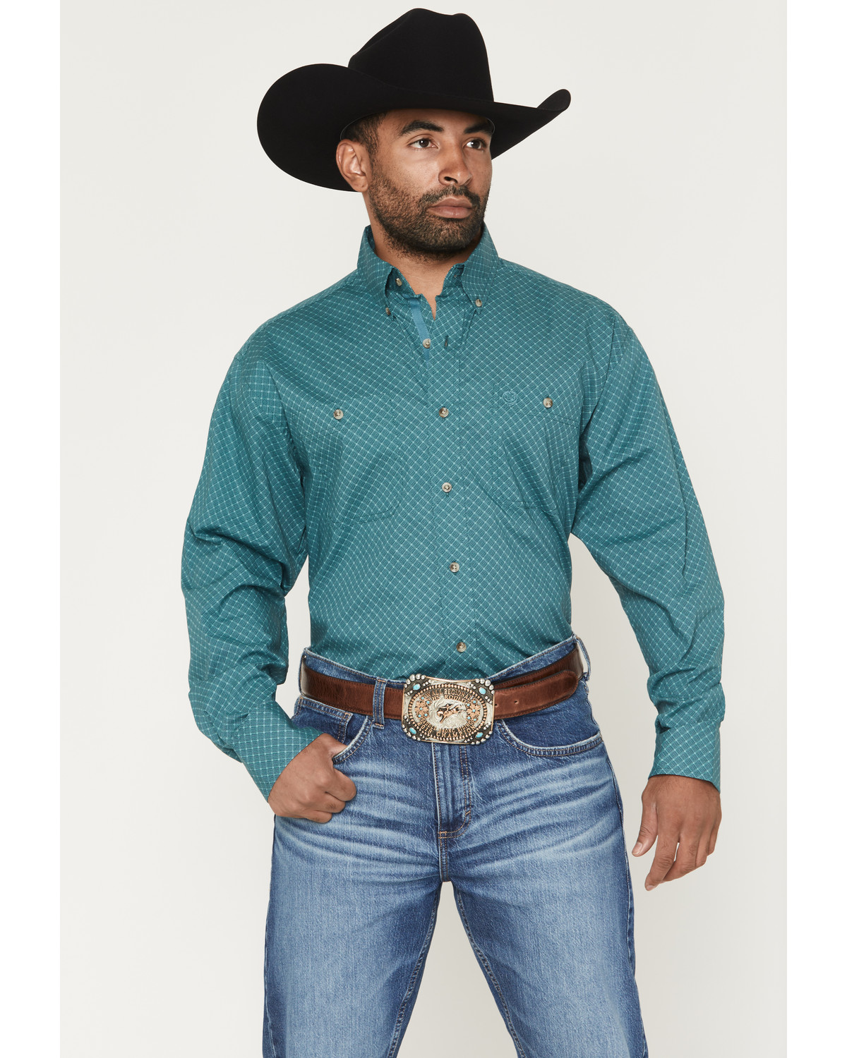 George Strait by Wrangler Men's Geo Print Long Sleeve Button-Down Stretch Western Shirt