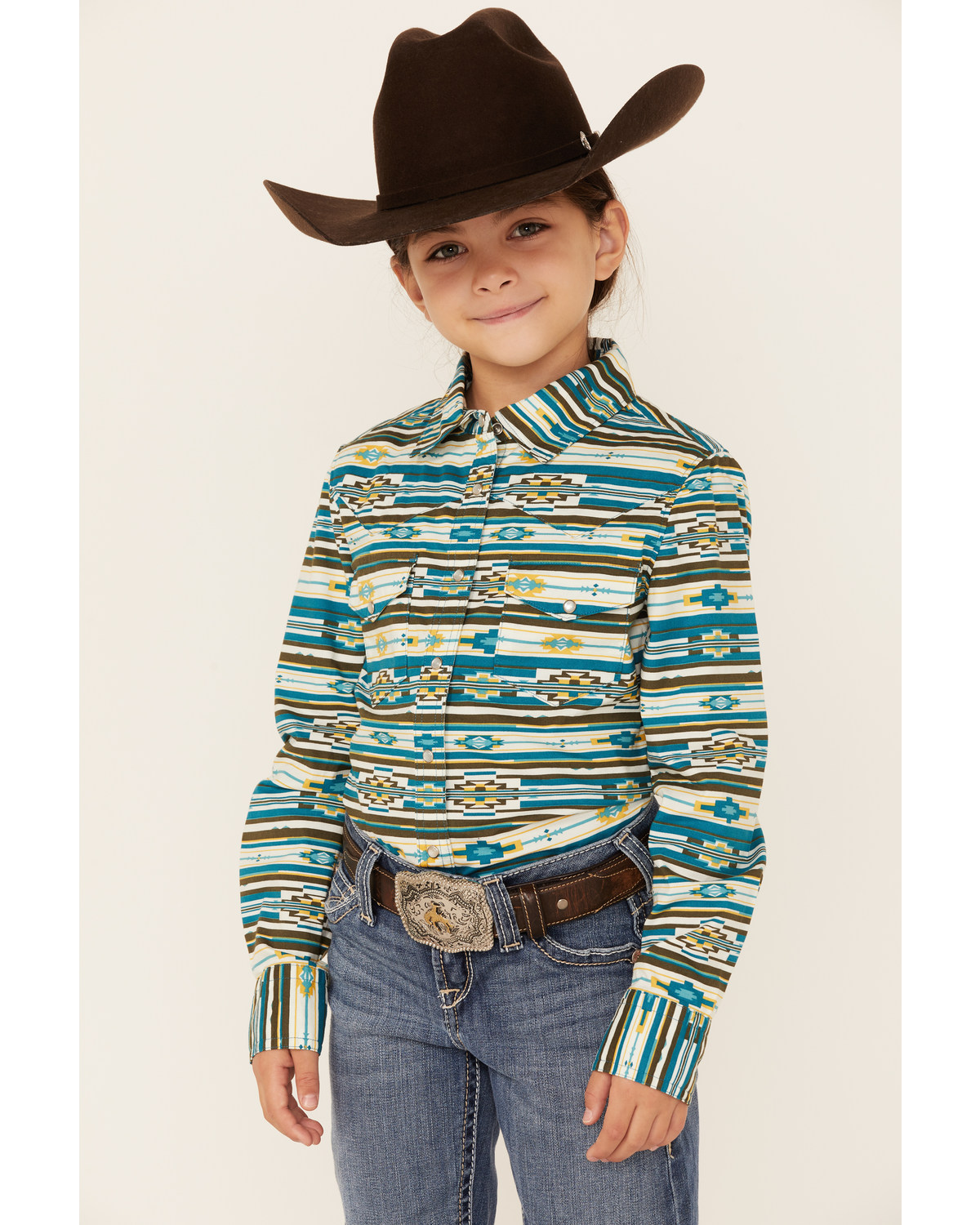 RANK 45® Girls' Southwestern Print Long Sleeve Pearl Snap Western Shirt