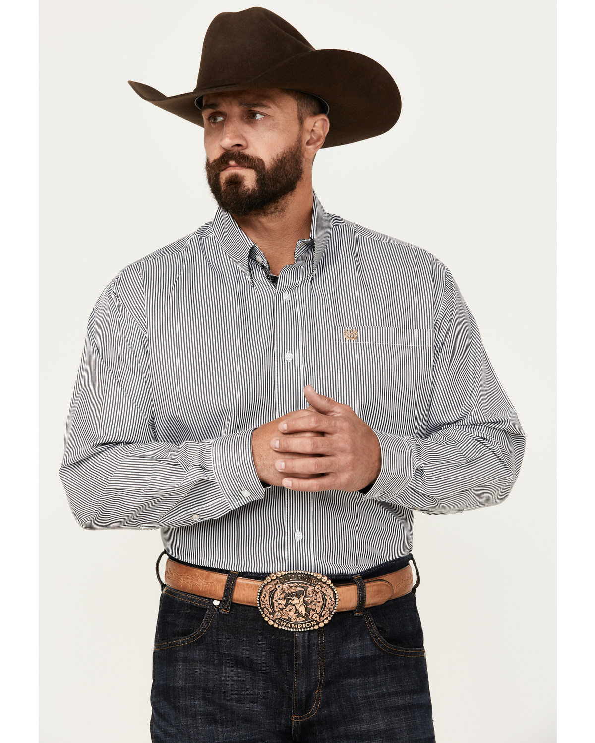 Cinch Men's Tencel Striped Print Long Sleeve Button-Down Shirt