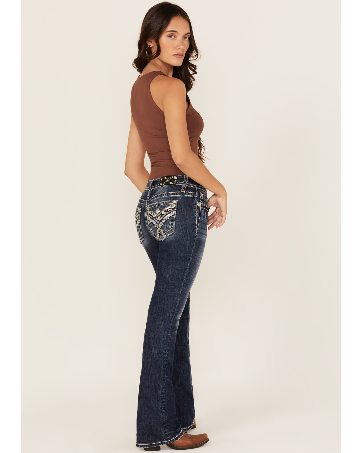 Miss Me Women's Dark Wash Mid Rise Paisley Pocket 32" Bootcut Stretch Denim Jeans