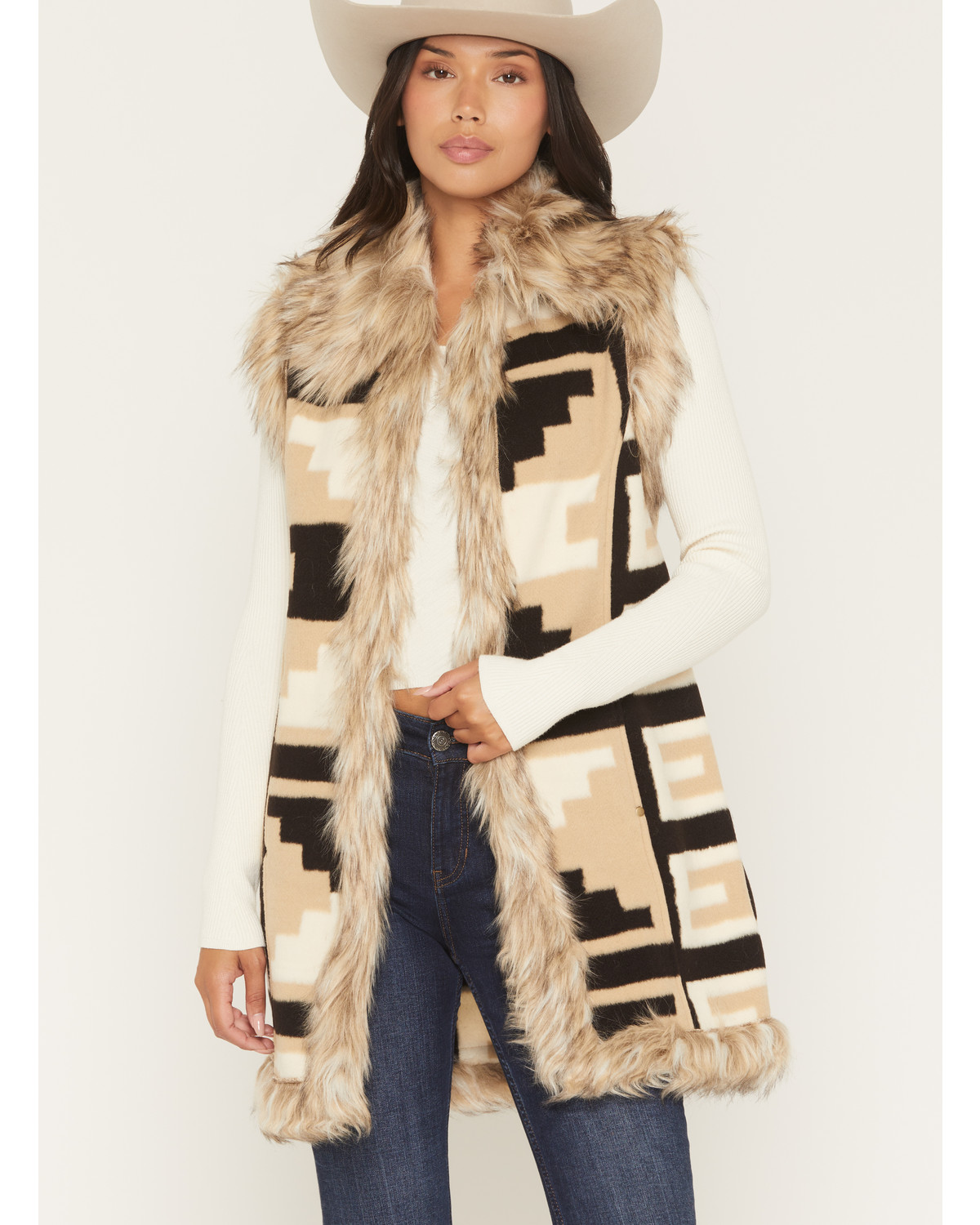 Tasha Polizzi Women's Gabbi Faux Fur Trim Geo Print Vest