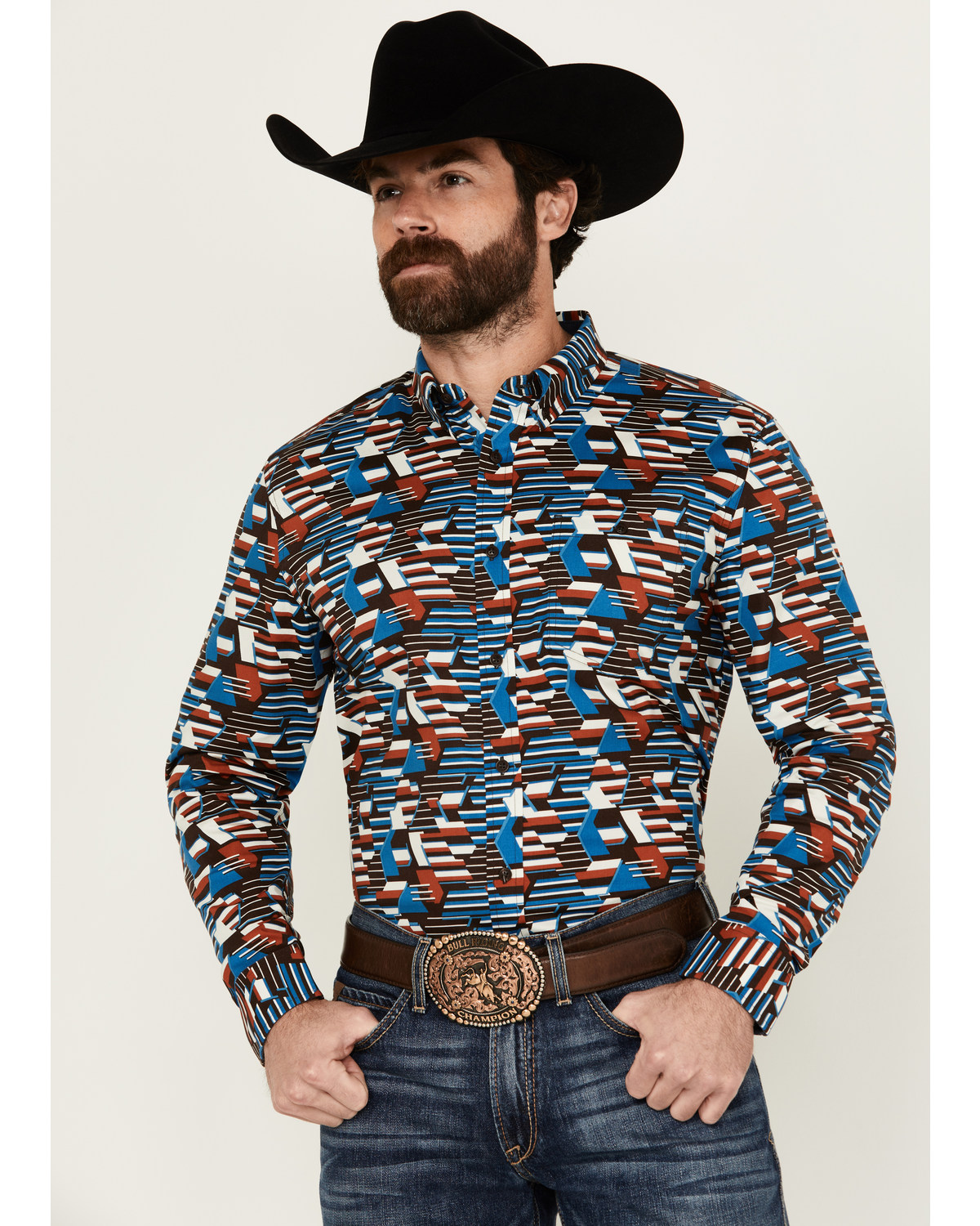 RANK 45® Men's Yaak Abstract Geo Print Long Sleeve Button-Down Stretch Western Shirt