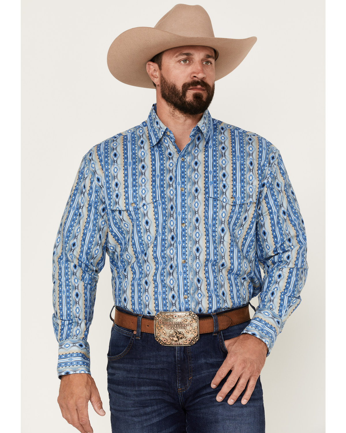 Wrangler Men's Checotah Southwestern Striped Long Sleeve Snap Western Shirt