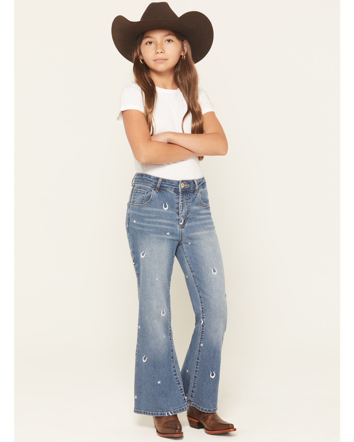 Wild Daisy Girls' Horseshoe Embroidered Mid Rise Flare Stretch Denim Jeans