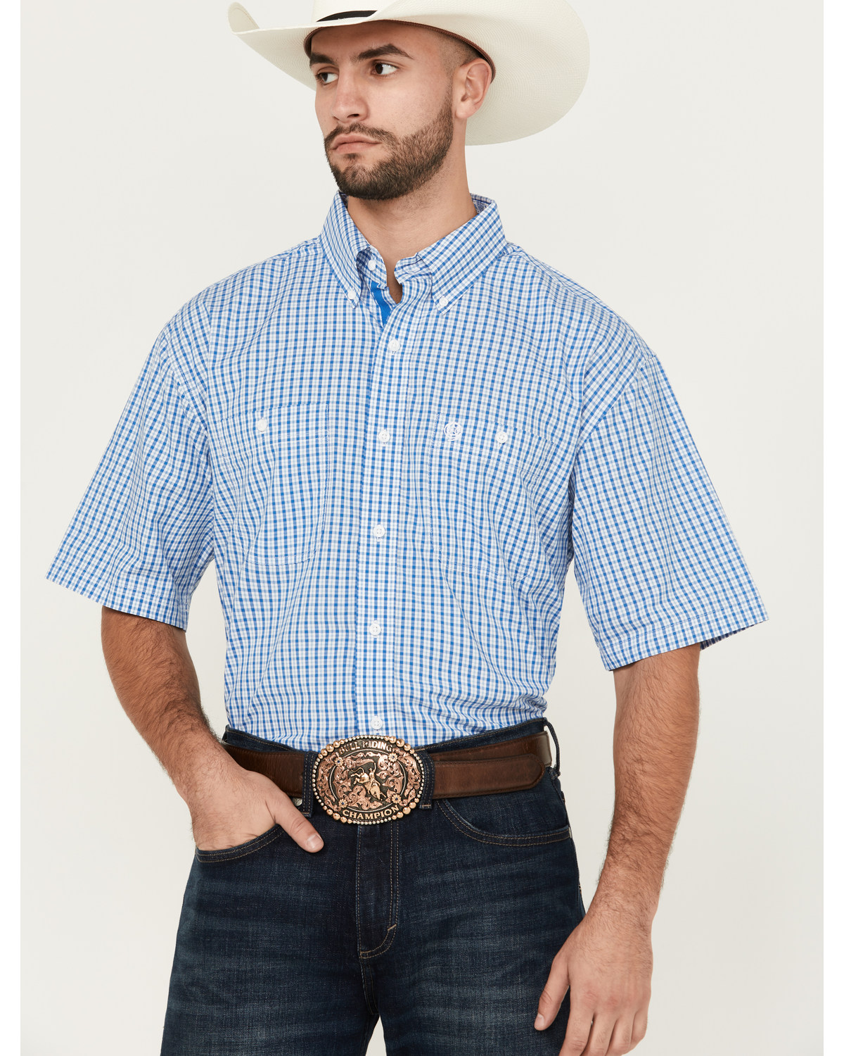 George Strait by Wrangler Men's Plaid Print Short Sleeve Button-Down Stretch Western Shirt