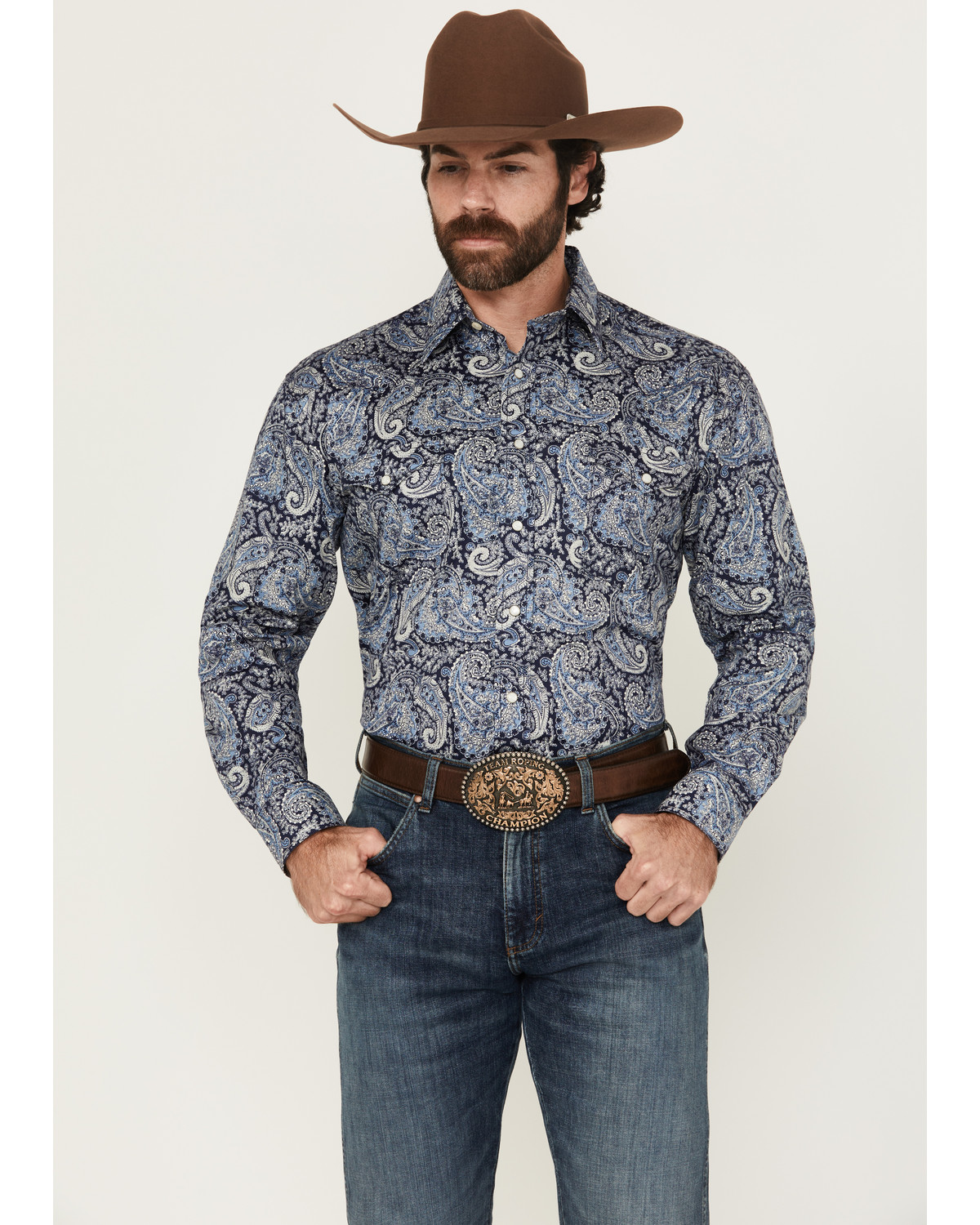 Rough Stock by Panhandle Men's Paisley Print Long Sleeve Pearl Snap Stretch Western Shirt