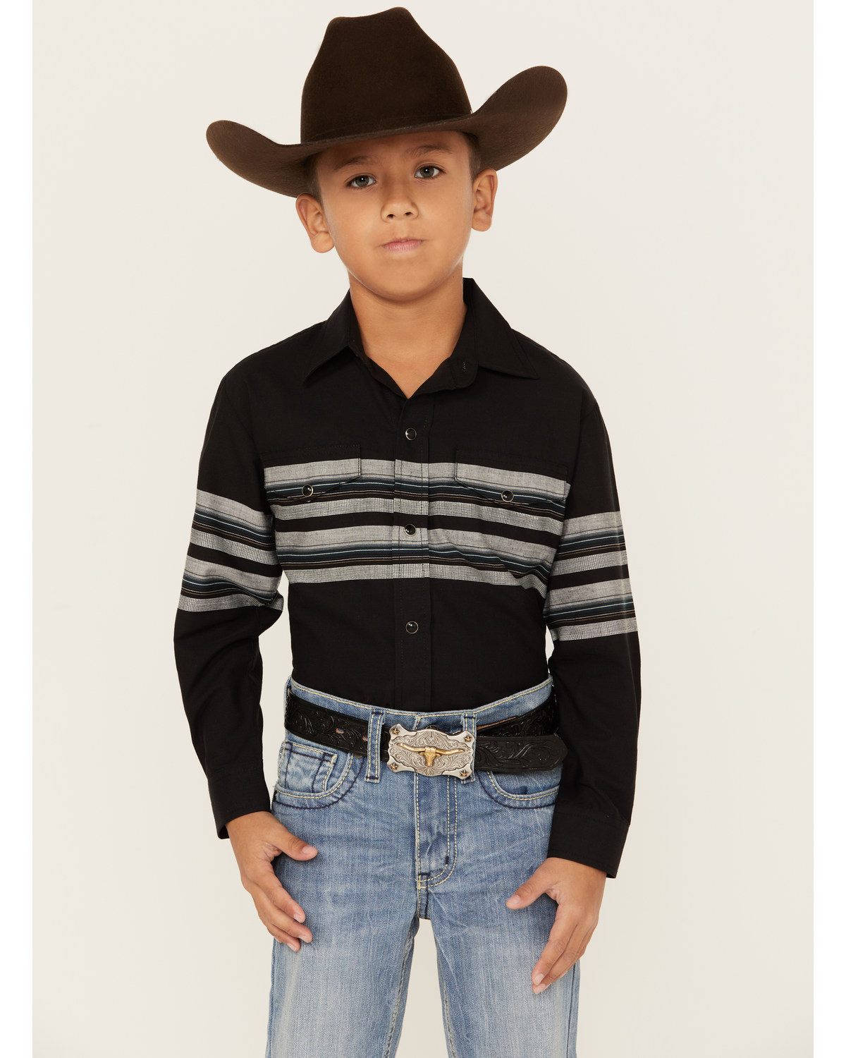 Roper Boys' Border Stripe Long Sleeve Snap Western Shirt