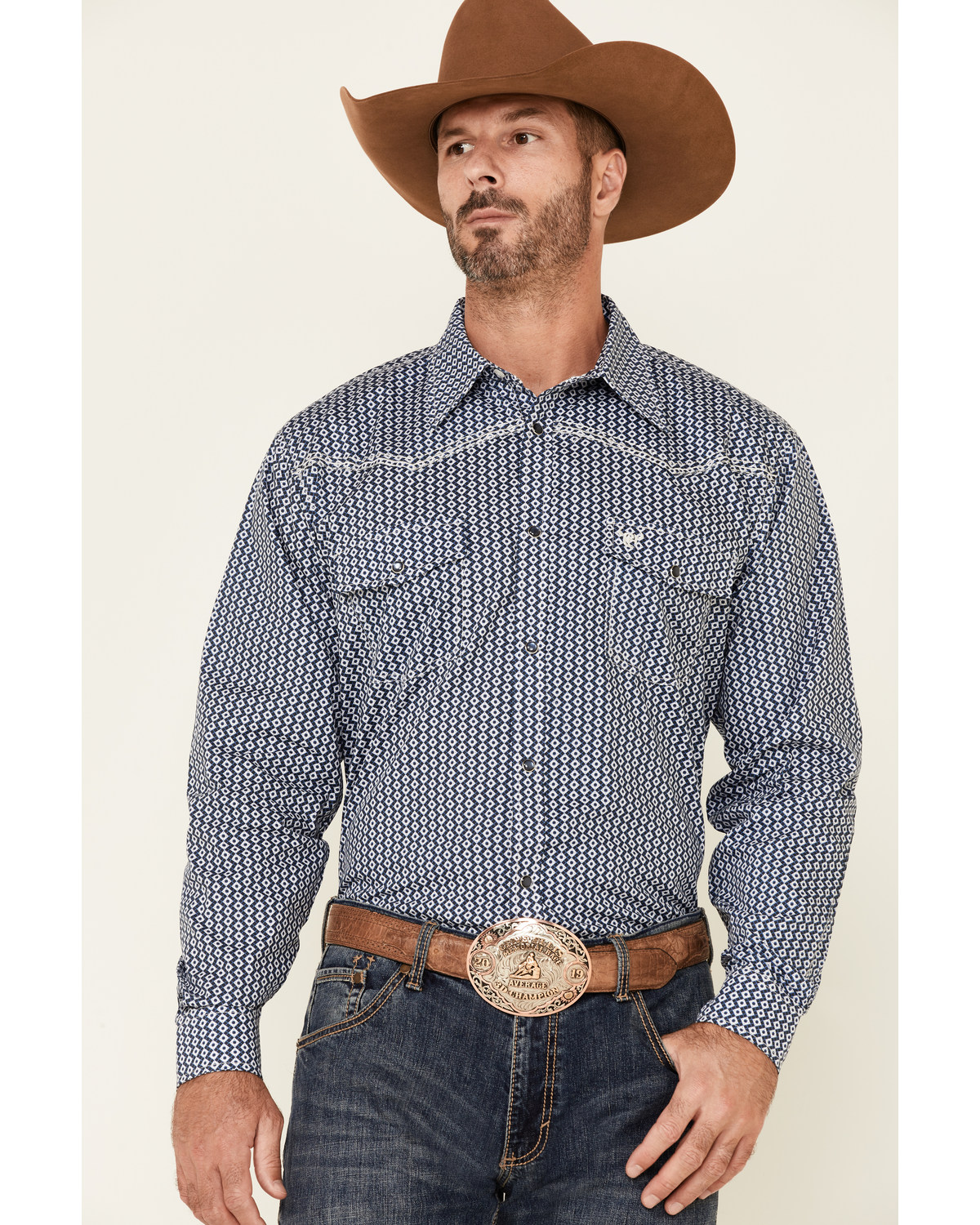 Cowboy Hardware Men's Navy Geo Print Long Sleeve Snap Western Shirt