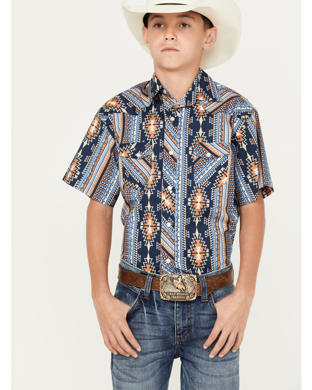 Rock & Roll Denim Boys' Southwestern Short Sleeve Pearl Snap Western Shirt