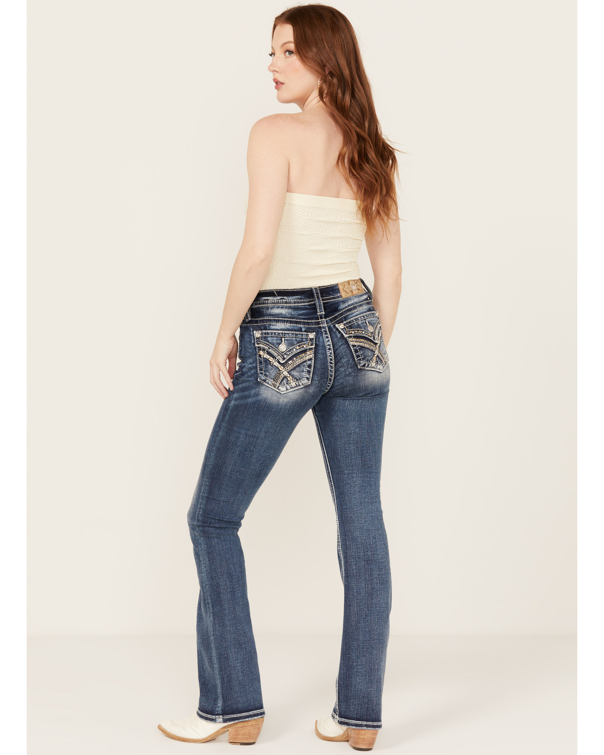Miss Me Women's Dark Wash Braided Pocket Bootcut Stretch Denim Jeans