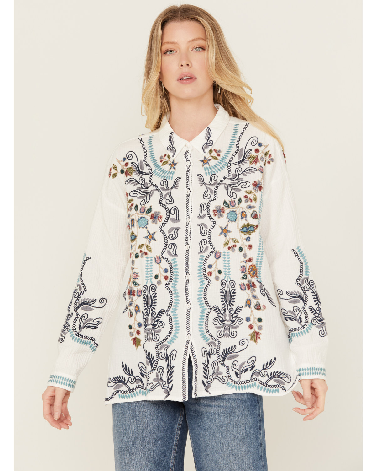 Johnny Was Women's Light Wash Floral Embroidered Cropped