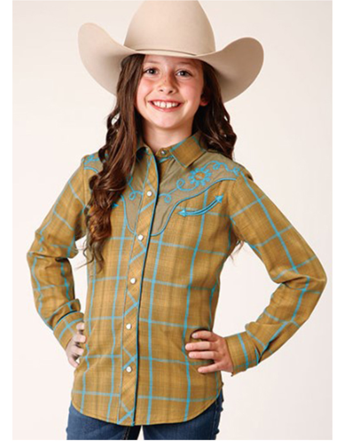 Roper Girls' Plaid Print Fancy Yoke Long Sleeve Snap Western Shirt