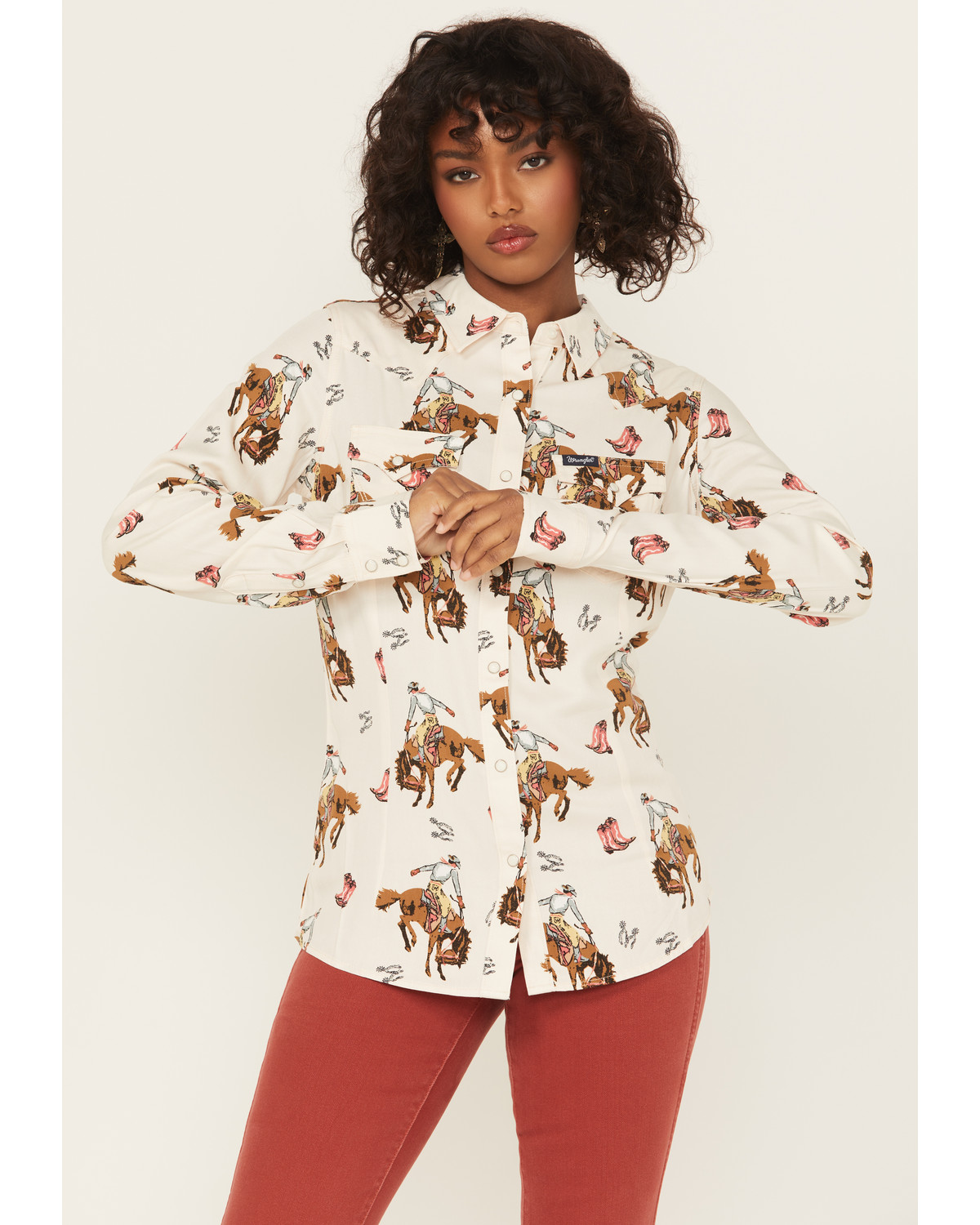 Wrangler Retro Women's Bucking Horse Conversational Print Long Sleeve Snap Western Shirt