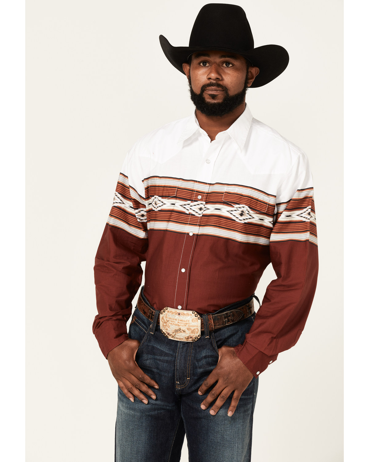 Roper Men's Diamond Southwestern Border Print Long Sleeve Pearl Snap Western Shirt