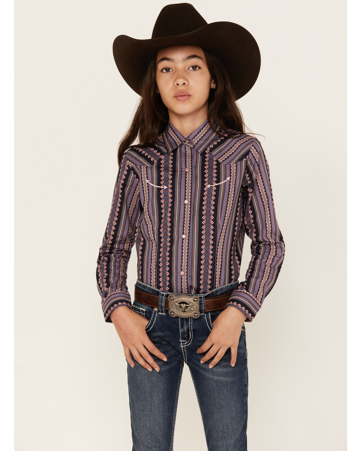Cruel Girl Girls' Wallpaper Stripe Print Long Sleeve Western Pearl Snap Shirt