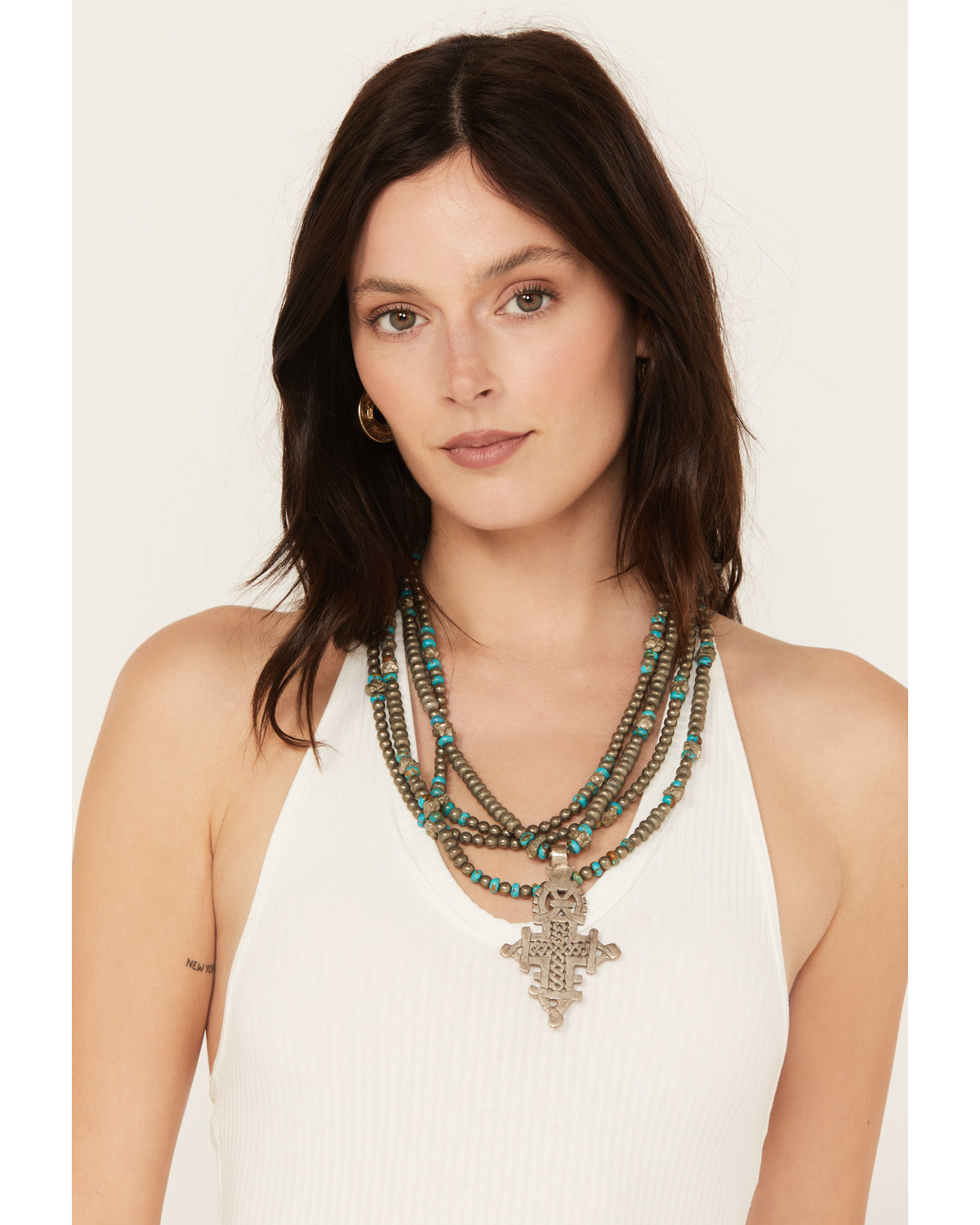 Paige Wallace Women's Turquoise Pyrite Ethiopian Cross Necklace