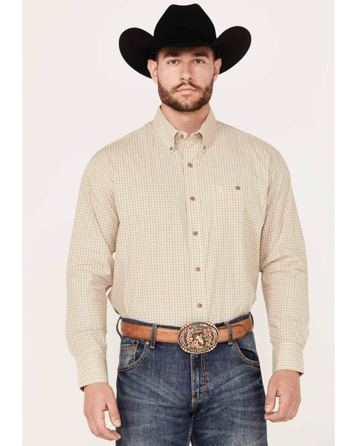 George Strait by Wrangler Men's Windowpane Plaid Print Long Sleeve Button-Down Western Shirt