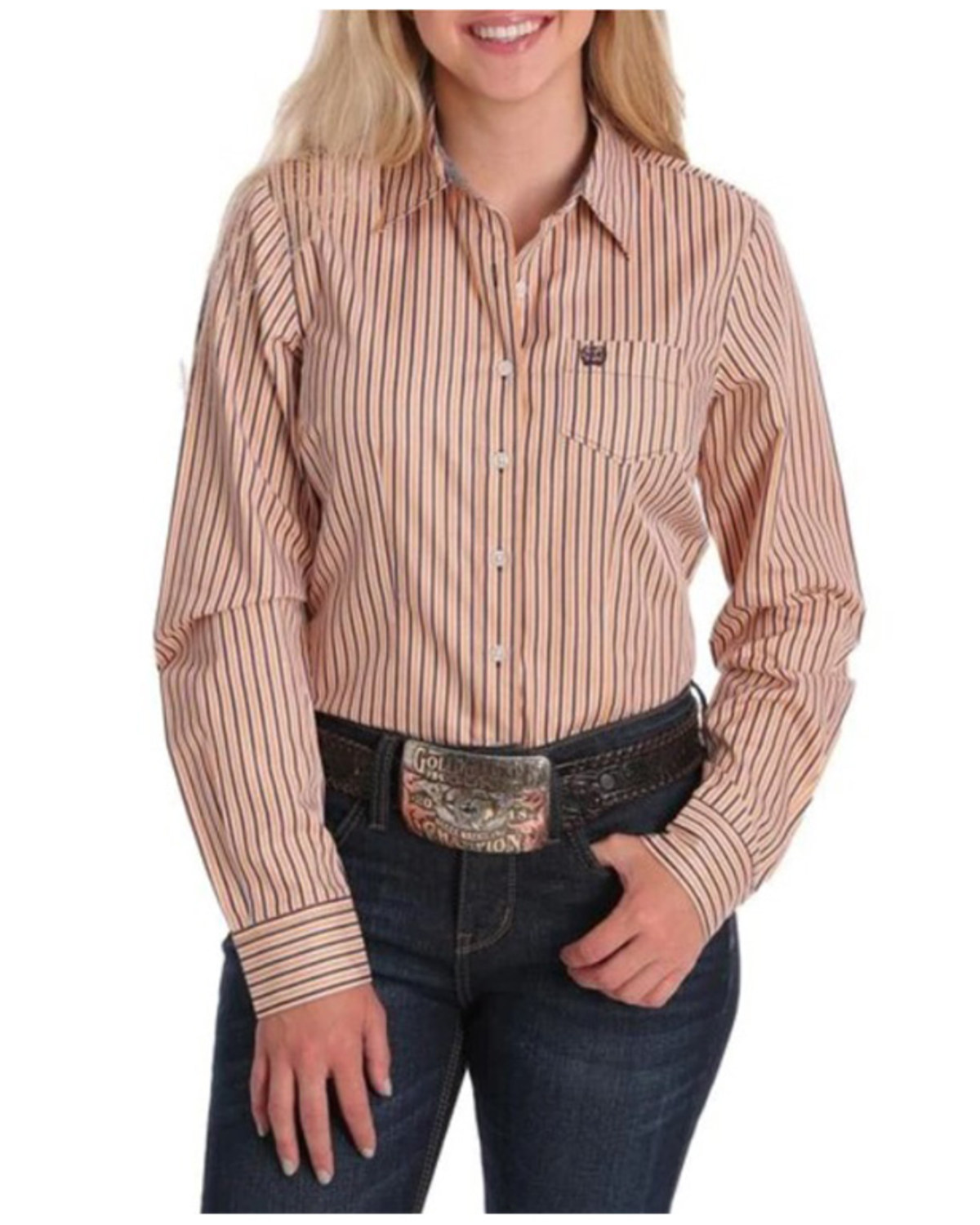 orange striped button up shirt