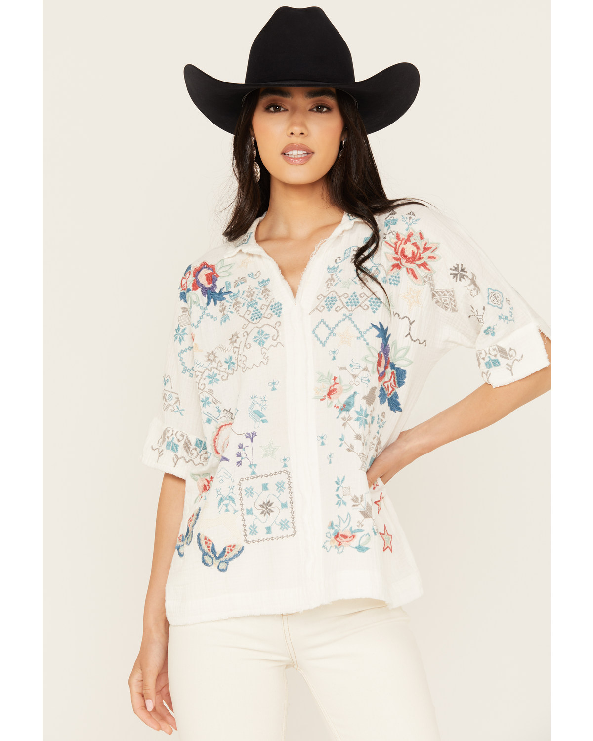 Johnny Was Women's Embroidered Short Sleeve Wodeleah Blouse