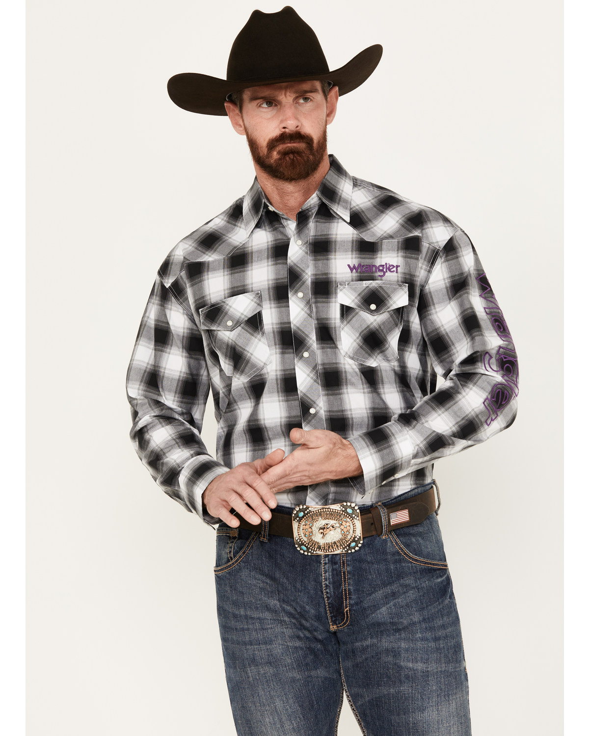 Wrangler Men's Logo Plaid Print Long Sleeve Western Snap Shirt
