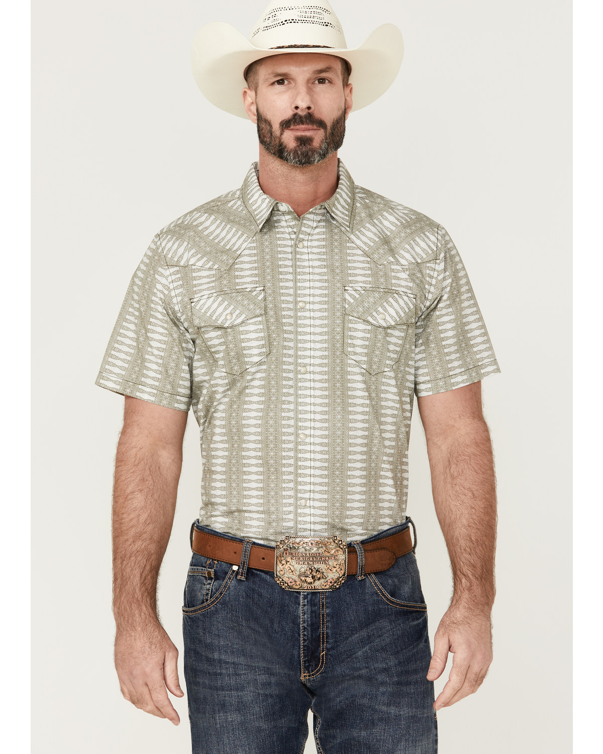 Gibson Men's Cream Southwestern Stripe Short Sleeve Pearl Snap Western Shirt