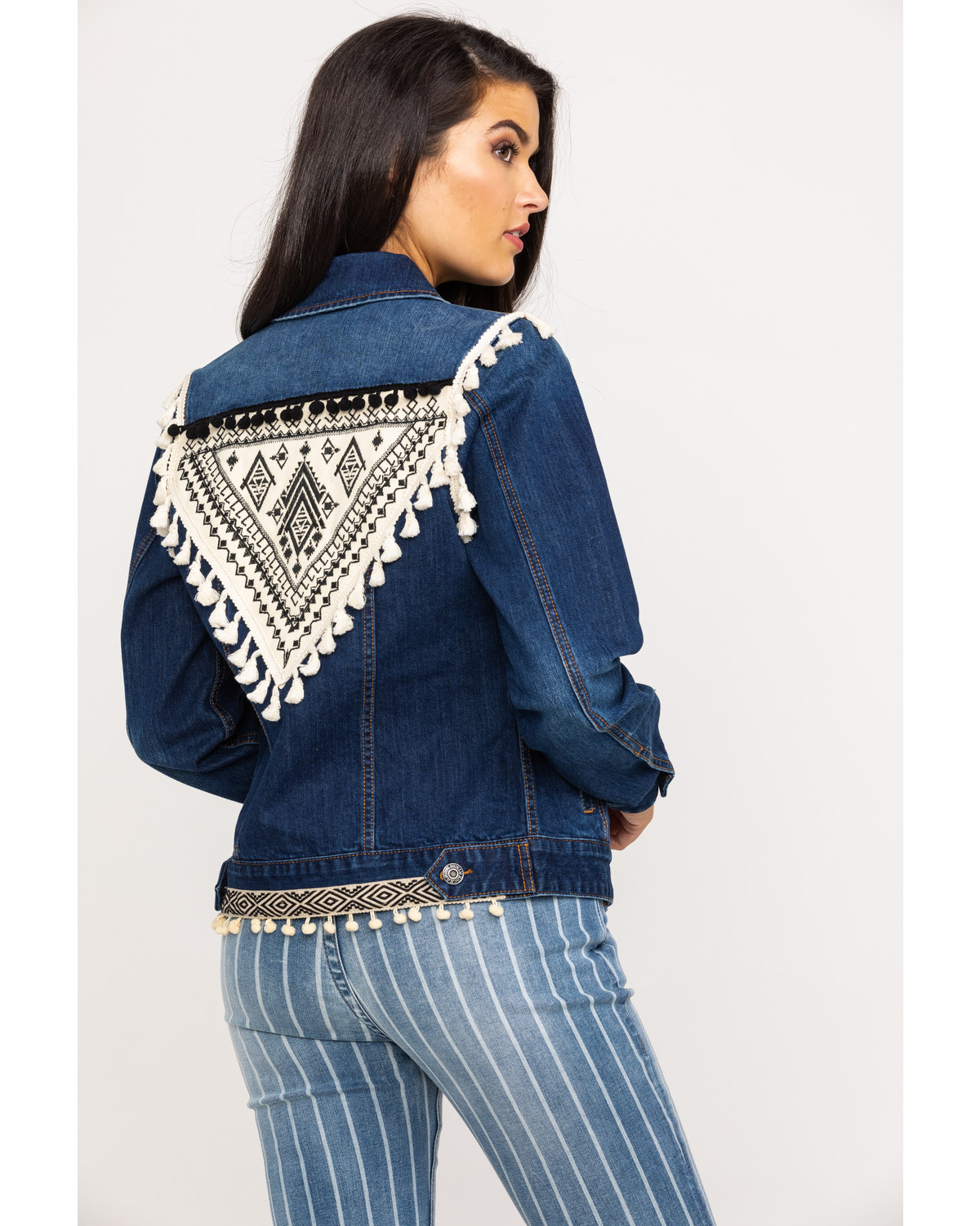 Rock Roll Cowgirl Women S Aztec Embroidered Tassel Denim Jacket